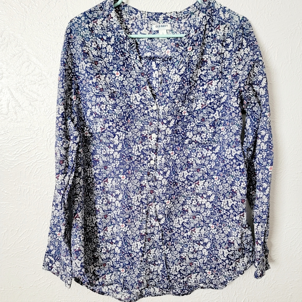 OldNavy Buttondown shirt lons sleeve pockets floral lightweight blue white siz L